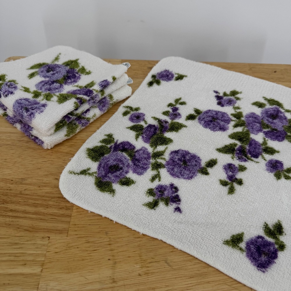 Vintage Cannon Purple Floral Washcloth Set 3pc White Cotton Made in USA Retro